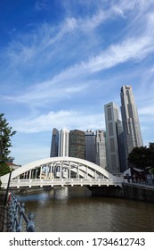 SINGAPORE - May 10, 2019: Elgin Bridge With Singapore Skyscrapper Background