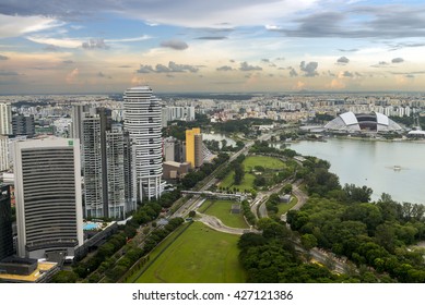 SINGAPORE - MAY 12, 2016: Aerial View Of Singapore Sports Hub And Beach Road At Late Day.