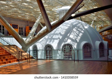 Singapore - May 15 2019: Interior Of South East Asian Gallery Of National Gallery Singapore With Strong Design Elements And Sunlight