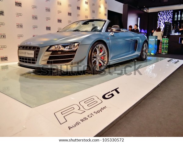 SINGAPORE - MAY 18: Side profile of Audi R8 GT\
Spyder on display at Audi Fashion Festival 2012 on May 18, 2012 in\
Singapore