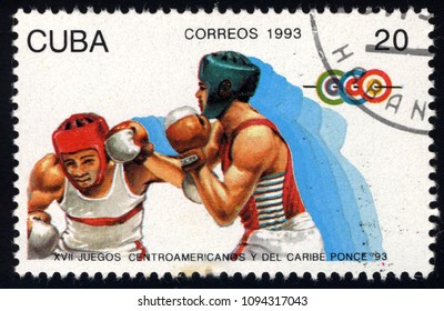 SINGAPORE - MAY 20, 2018: A Stamp Printed In Cuba, Shows Boxing, Sport (17th Central American And Caribbean Games), Circa 1993