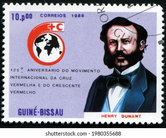 SINGAPORE - MAY 26, 2021: A Stamp Printed In Guinea-Bissau Show Henry Dunant, Circa 1988