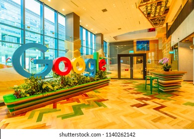 Singapore - May 5, 2018: Google sign in the new offices of Google Headquarters in Mapletree Business City II, Singapore. Google's Asia-Pacific HQ with employs 1000 people.
