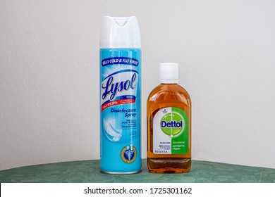 Singapore - May 8, 2020 : A Closeup Shot Of A Can Of Lysol Disinfectant Spray And A Bottle Of Dettol Antiseptic Liquid 