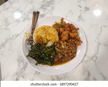 Singapore Mixed Economy Rice - With Minced Meat With Tofu, Spicy Kang Kong Vegetables, Sweet And Sour Pork 