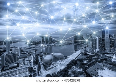 Singapore Network Connection City With Line Of Network Connection In Background. Smart City.