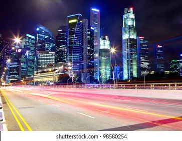 Singapore At Night With Traffic Road