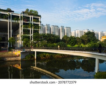 Singapore - November 21 2021: Morning view of a pedestrian bridge connecting from HDB apartment blocks to Oasis Terraces shopping mall in Punggol, a newly developed residential estate.