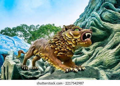 Singapore - Oct 18, 2022 : Lion Statue At Haw Par Villa Theme Park. This Park Has Statues And Dioramas Scenes From Chinese Mythology, Folklore, Legends, And History.