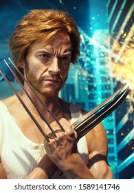 SINGAPORE, OCTOBER 19, 2019: A Beautiful Realistic Waxwork Of Actor Hugh Jackman In Character Marvel's X-Men Logan/Wolverine Action With His Claw On Display At Madame Tussauds Wax Museum Singapore. 