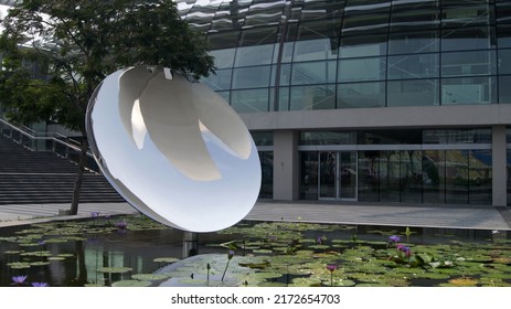 Singapore on 21 October 2014: reflection of ArtScience Museum in Marina Bay Sands complex. lotus pond