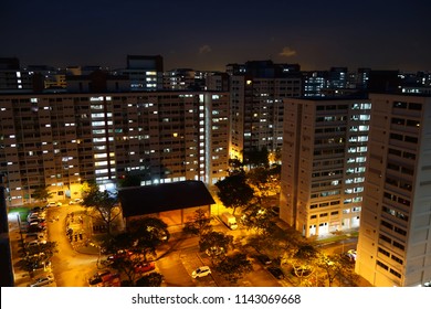 Singapore Public Housing HDB Flats.  Landscape At Night 