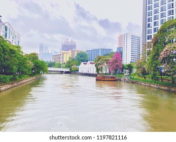 Singapore, River Valley, Robertson Quay A View From The Bridge Of The River.