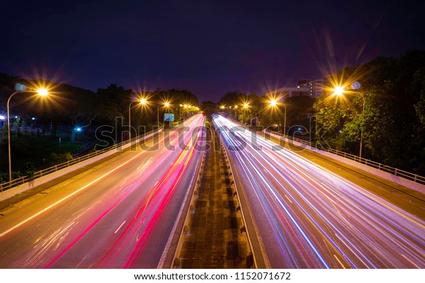 Singapore Roads, Singapore -\
21 July 2018, Night lights on the expressway in Singapore - Long\
Exposures