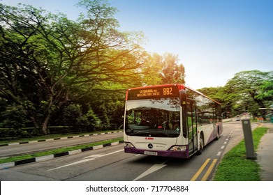 SINGAPORE - SEP 17, 2017: SBS Bus Travel On The Singapore Street On September 17, 2017 In Singapore. SBS Transit Limited Is A Public Transport Operator In Singapore.