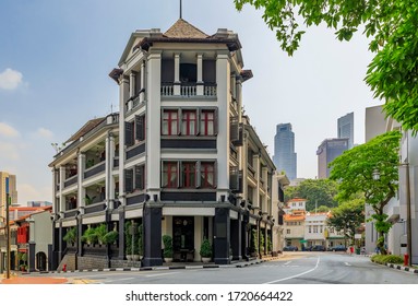 Singapore - September 08, 2019: Famous Club Street In Chinatown With Colorful Colonial Shop Houses