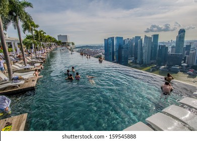 Singapore - September 11 : Pool view of city skyline at Marina Bay Sands sky garden taken in the day of September 11, 2013.  