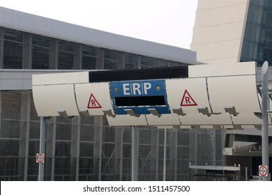 Singapore, Singapore - September 13 2019: An Electronic Road Pricing Toll Gantry In Downtown Singapore