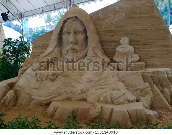 Singapore, Singapore - September 14 2019: Luke Skywalker sand sculpture at a Star Wars exhibition on Sentosa Island