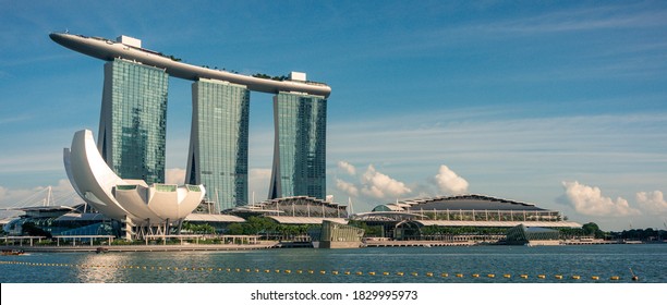 Singapore - September 15, 2016: Panoramic view of Marina Bay with famous landmarks of Singapore - Artscience museum designed in the shape of lotus flower and Marina Bay Sands resort