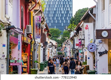 Singapore - September 2, 2017: Visitors Walk Around The Street Haji Lane Well Known As Street Arts And Fashionable Location For Youth People And Tourists In Singapore