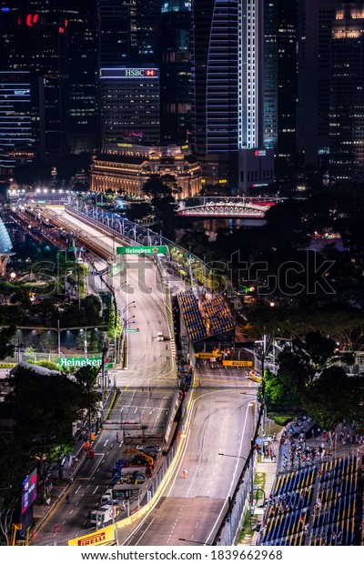 Singapore - September 2019: Singapore night\
view at the night of Formula one night\
race.