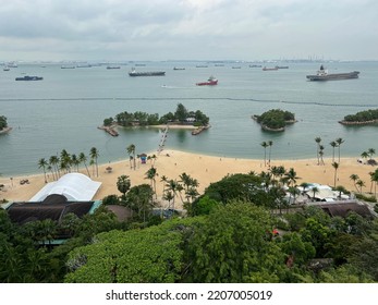 Singapore - September 5 2022: Aerial View Over Siloso Beach On Sentosa Island