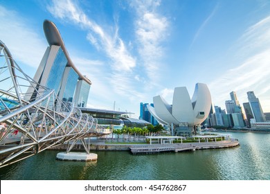 Singapore skyline and Marina bay view from the Helix bridge