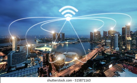 Singapore Smart City And Wifi Communication Network, Smart City And Network Connection Concept