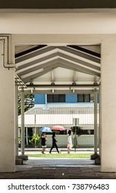 SINGAPORE-20 OCT  2017: Singapore HDB Floor Ground Walking Corridor 