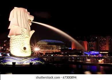 SINGAPORE-JAN 23: Closeup Of Merlion Light Show At Marina Bay On Jan 23, 2010 In Singapore. Merlion Is An Imaginary Creature With The Head Of A Lion And The Body Of A Fish, Used As A Mascot Of Singapore.