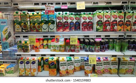 Singapore-Sep 22, 2019: Wide Range Of Juices On Supermarket Shelves In Singapore