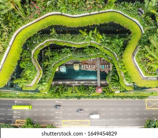 Singapore/Singapore - 02 02 2020: Aerial View Of Iconic Hotel Building In Singapore