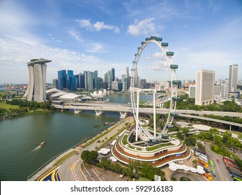 Singapore,Singapore - October 15, 2016 : Aerial View Of City Skyline From Drone At Marina Bay, Singapore