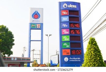 Singburi,Thailand, May 5,2020,Gas prices board and  label PTT Station,PTT station is the most popular  gas station in THAILAND.