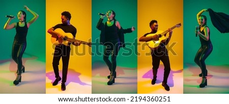 Singer and guitar player. Portraits of pop and rock musicians with musical tools isolated on multicolored background in neon light. Concept of emotions, art, ad and music.