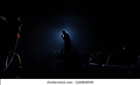 Singer Holding A Microphone Stand And Performing On Stage 