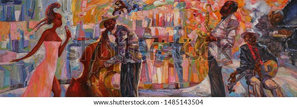  singer, jazz club,\
saxophonist, jazz band, oil painting, artist Roman Nogin, series\
\