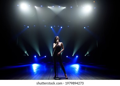 Singer perform on stage of nightclub in front of bright screen. Dark background, smoke, concert spotlights - Powered by Shutterstock