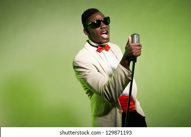 Singing Black American Man In Suit Wearing Sunglasses. Vintage.