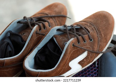 SINGKAWANG, INDONESIA: OCTOBER 22, 2022; Male Brown Leather Shoes, Comfortable Footwear