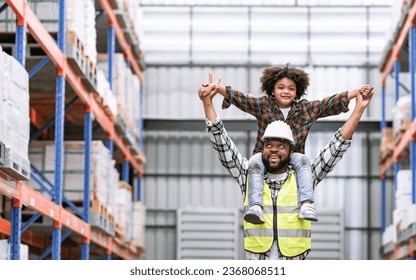 Single African handsome father worker wearing hard hat for safety, carrying his little son on shoulder, working in factory, smiling with happiness and love. Industry, Family, Education, Kid Concept - Powered by Shutterstock