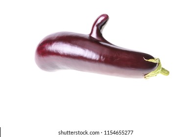 Single Aubergine With Big Finger Isolated On White Background