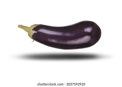 Single Aubergine Eggplant Isolated On White Background Floating Above A Shadow. Purple Vegetable Heath Food