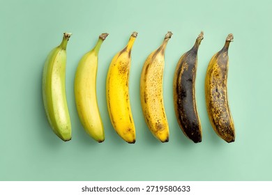 A single banana split into five sections, each showing a different stage of ripeness