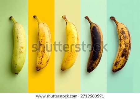 A single banana split into five sections, each showing a different stage of ripeness