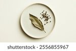 A single bay leaf and scattered peppercorns rest on a minimalist off-white plate.