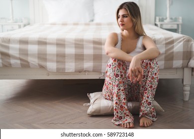 Single Beautiful Woman Sad And Lonely In Bedroom