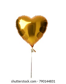 Single Big Gold Heart Metallic Balloon For Birthday Party Isolated On A White Background