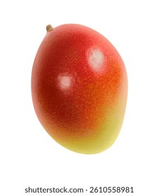 Single big red mango isolated on white background. Bright tropical fruit cut out. Food photo close up. Clear texture peel. Element for juice, smoothie, dried slices, raw snacks, drink packaging design